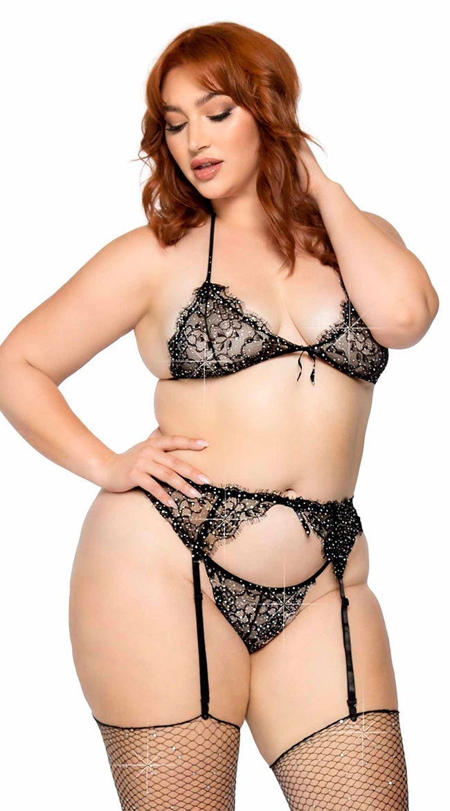 Plus Size Rhinestone Eyelash Lace Bra Set