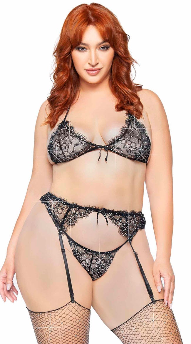 Plus Size Rhinestone Eyelash Lace Bra Set
