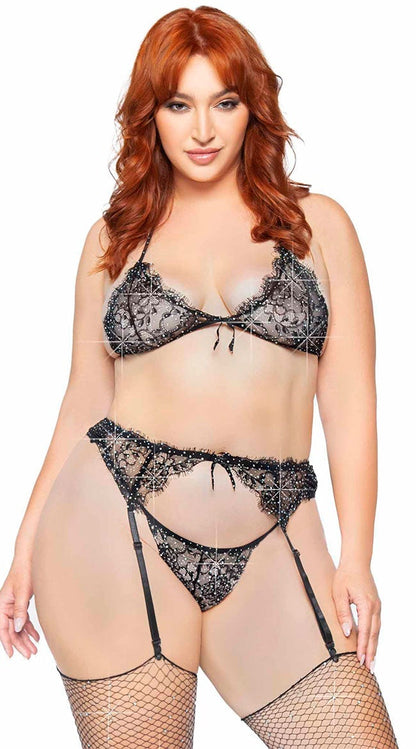 Plus Size Rhinestone Eyelash Lace Bra Set