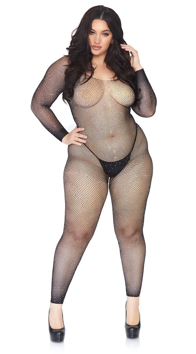 Plus Size Crystallized Long Sleeve Bodystocking
